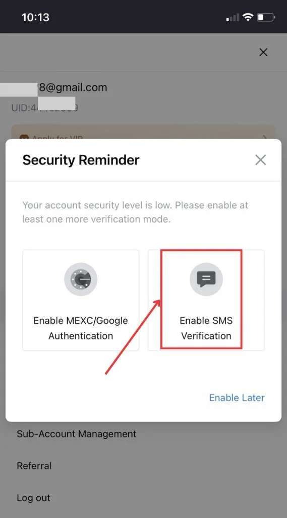 Enable SMS verification when MEXC register